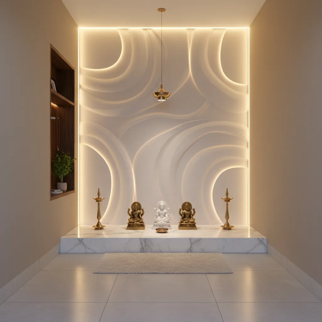 Small pooja room with warm concealed lighting and POP design