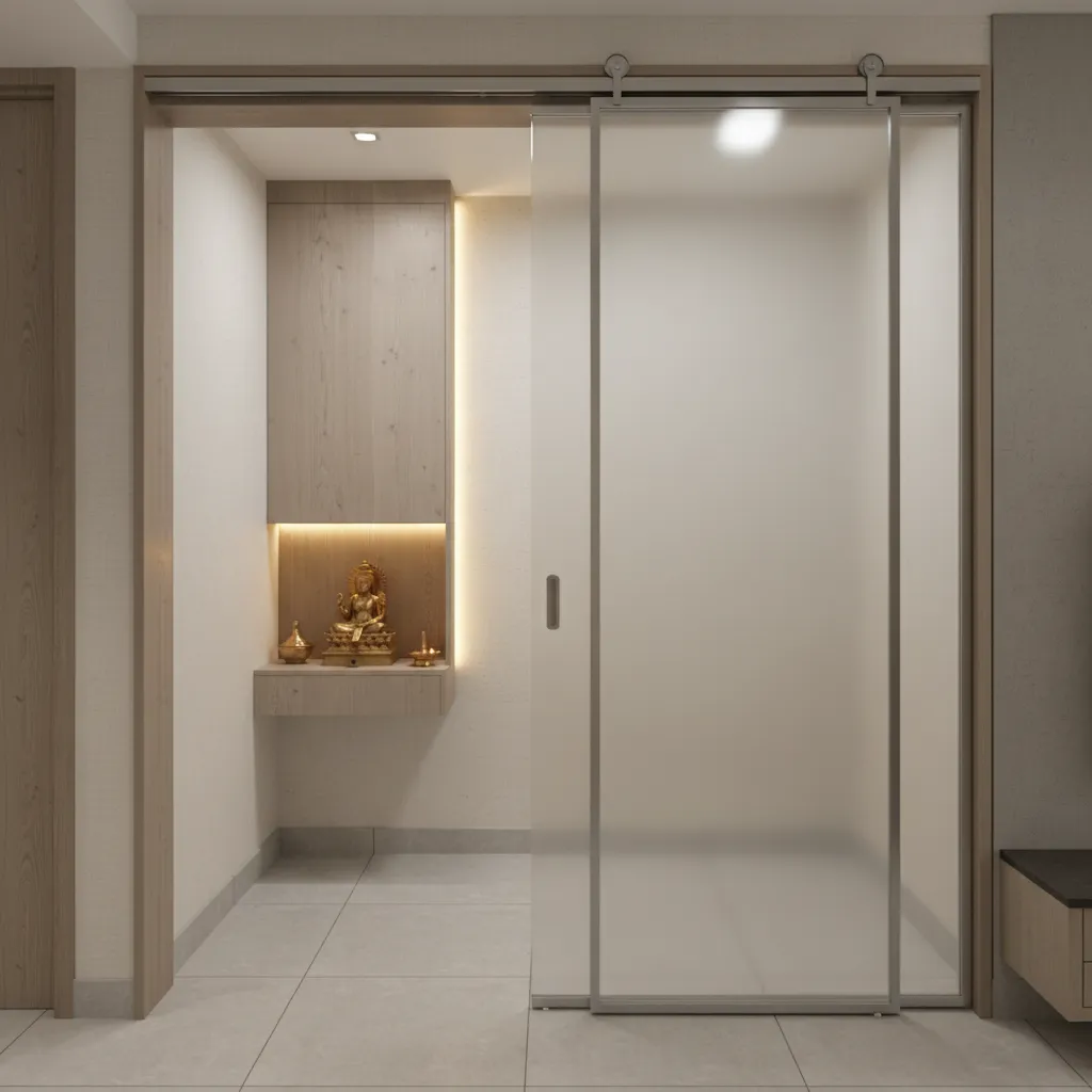 small apartment pooja room with sliding frosted glass door layout
