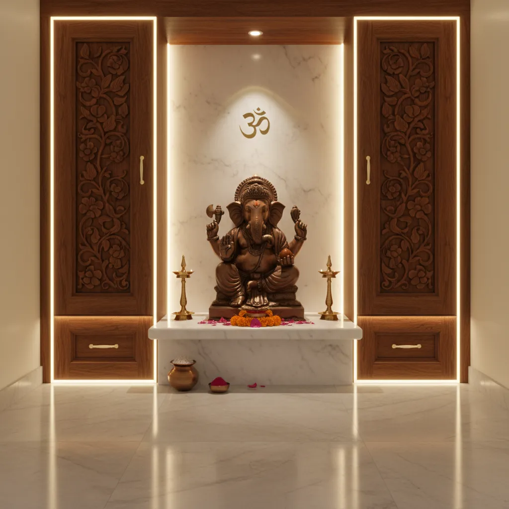 small mandir with spotlight focused on main idol