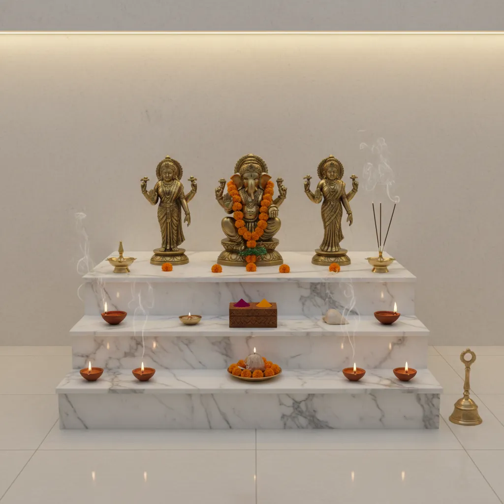 Three step pooja platform layout with idols and diya arrangement