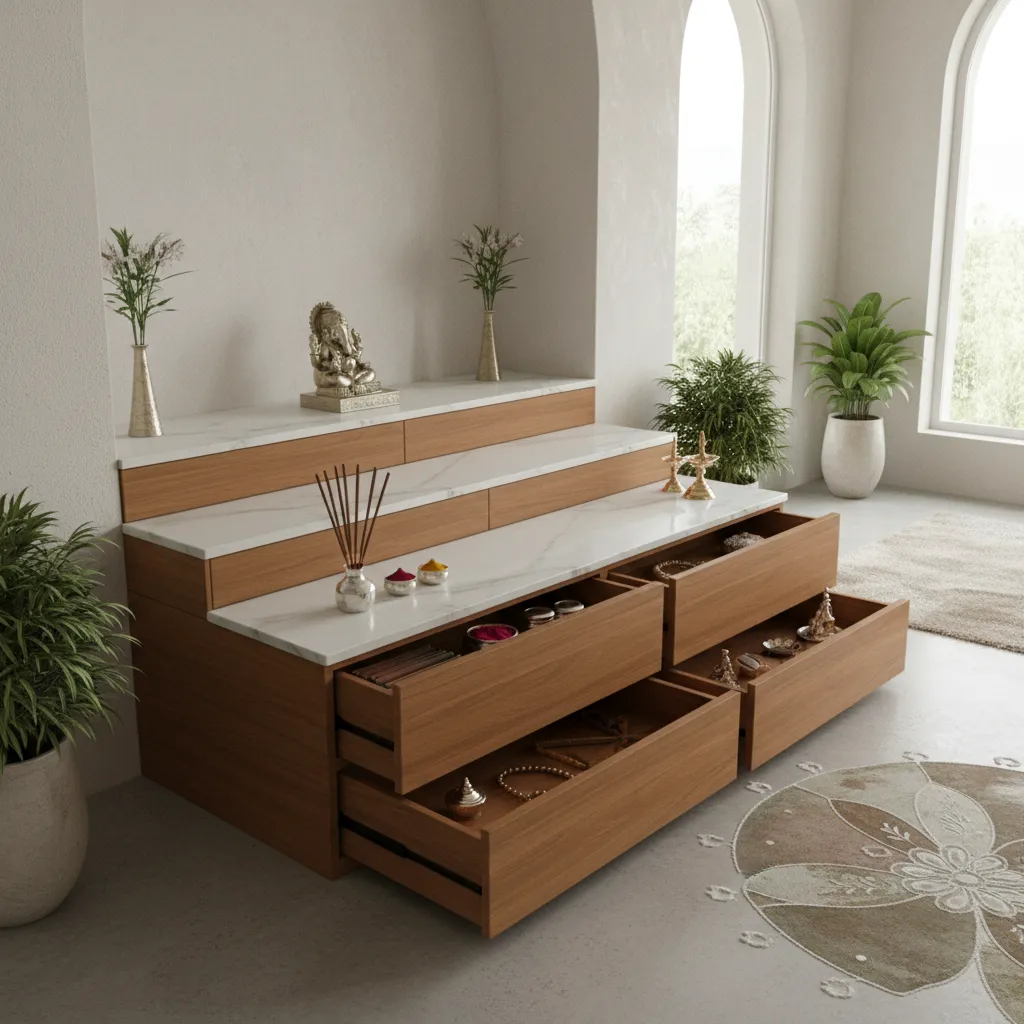 Pooja room step with hidden storage drawers