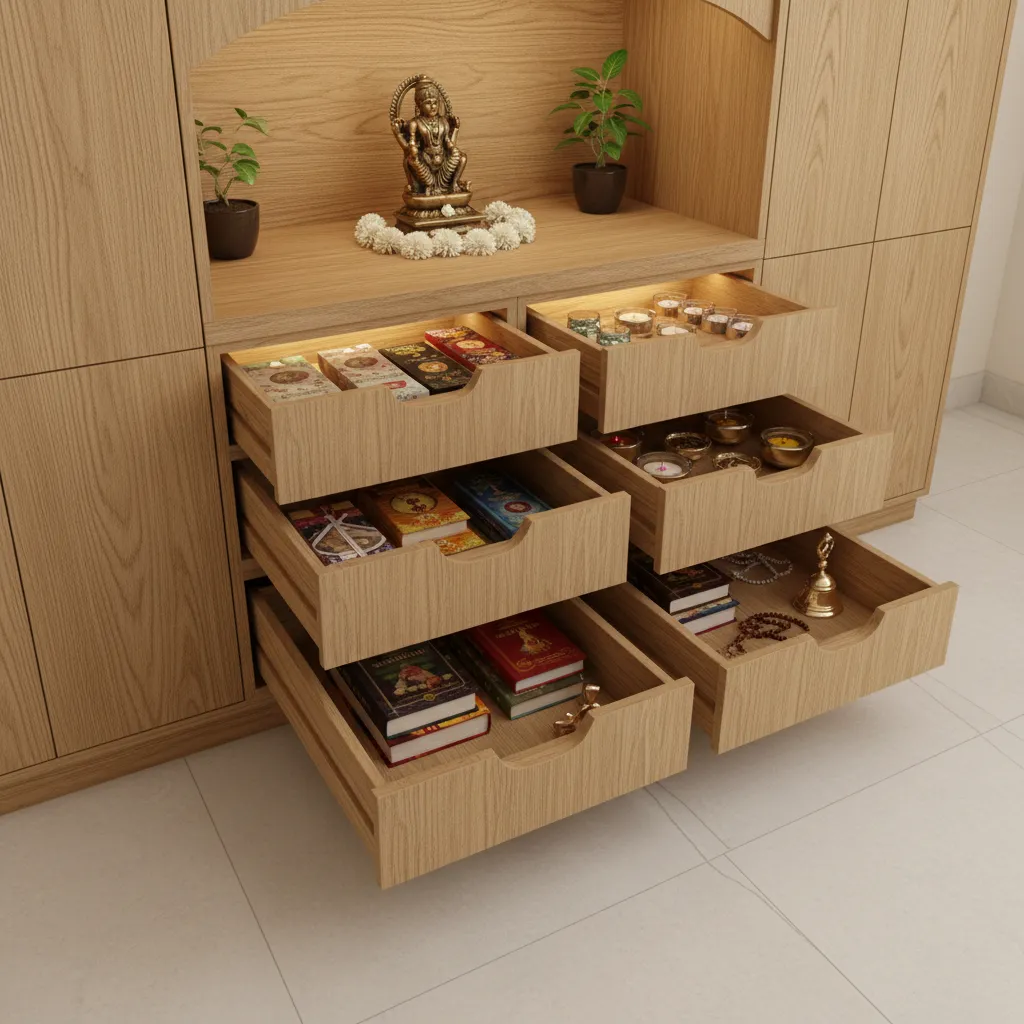 pooja mandir with storage drawers for incense and prayer items