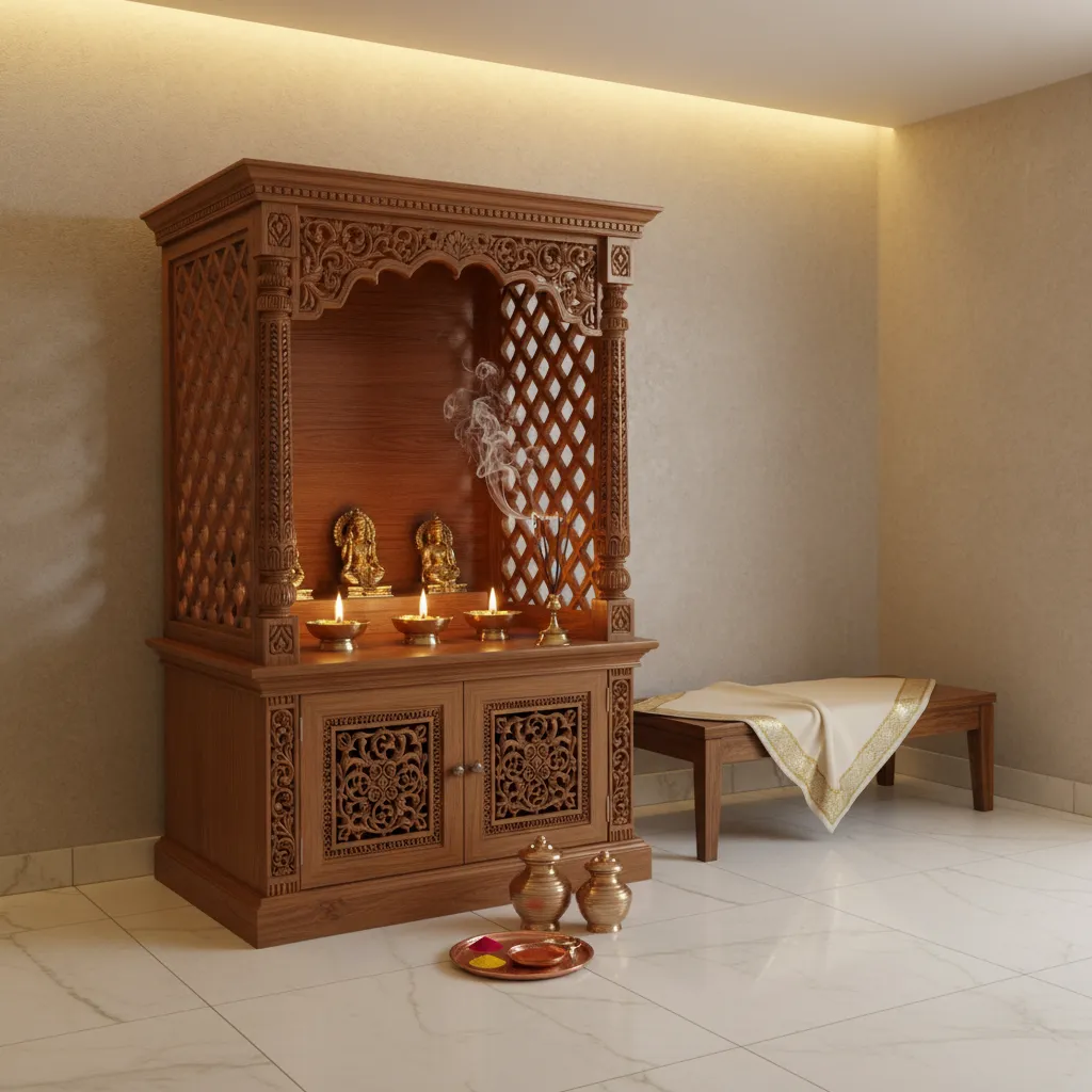 pooja room cabinet with wooden jaali ventilation panels and diya lighting