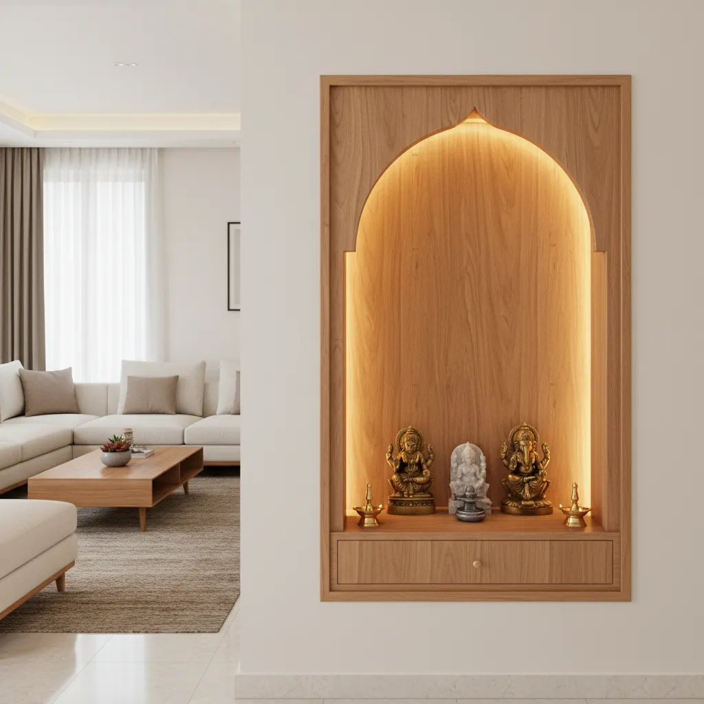 wall niche pooja room integrated into modern living room wall