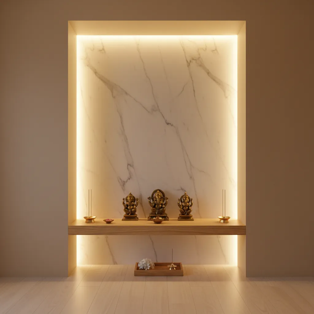 Backlit wall niche pooja space with marble panel