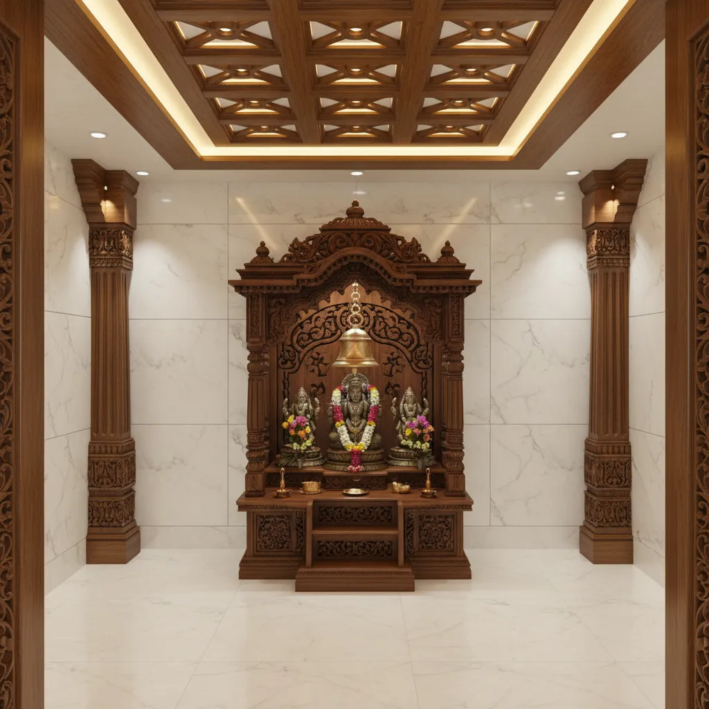 traditional pooja room with wooden beam accent false ceiling
