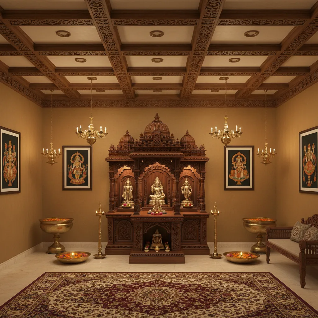 Traditional pooja room ceiling with decorative wooden beams