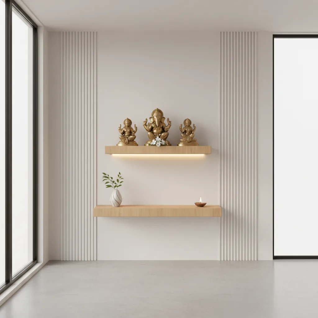 example showing ideal height placement for wall pooja shelf