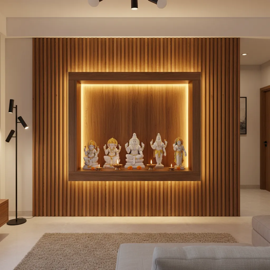 wall pooja shelf with warm LED backlighting