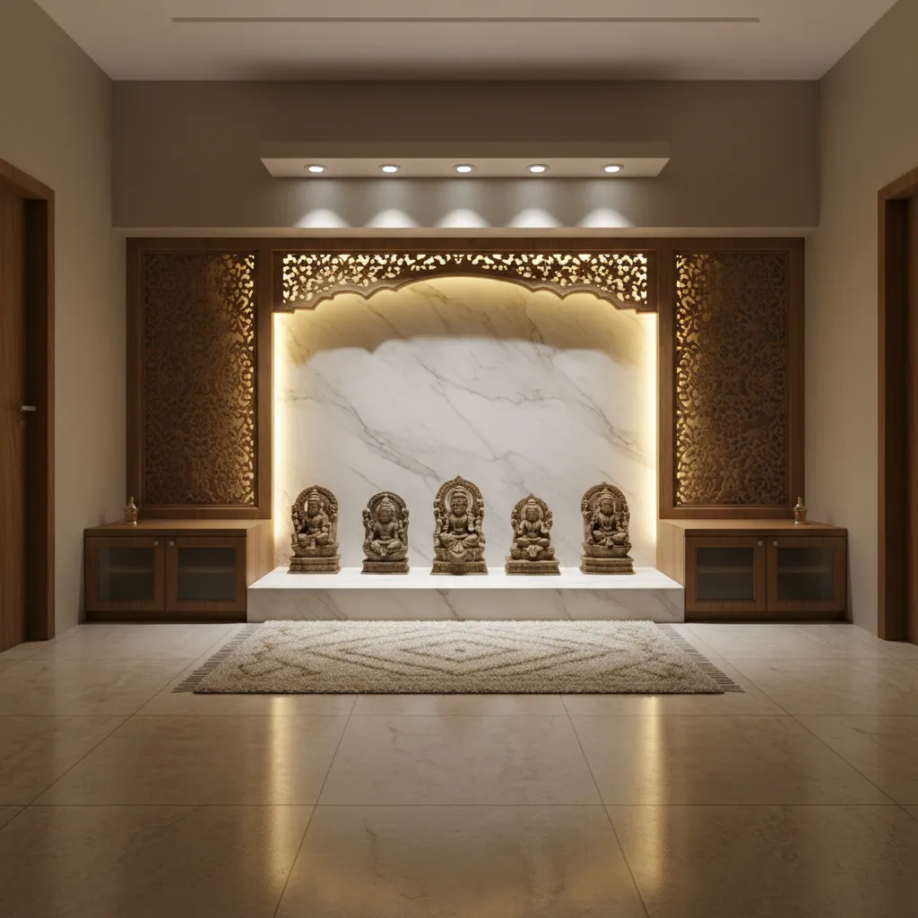 pooja slab with warm LED strip and spotlight lighting