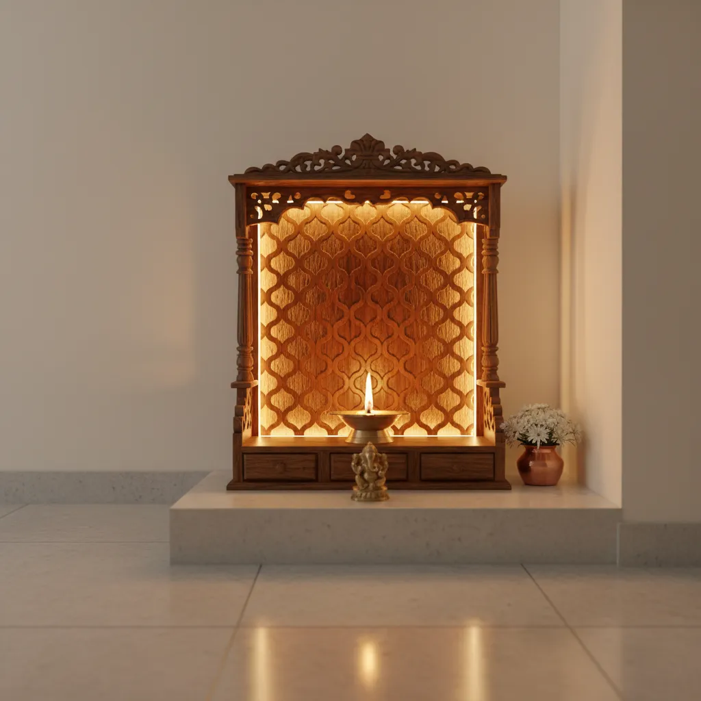 pooja mandir with warm LED backlighting and diya creating calm spiritual lighting