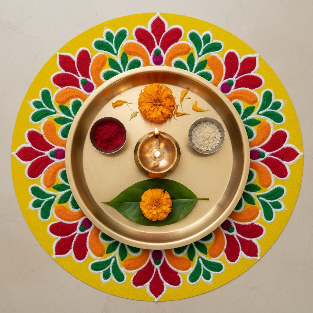 pooja thali with rangoli base decoration and diya