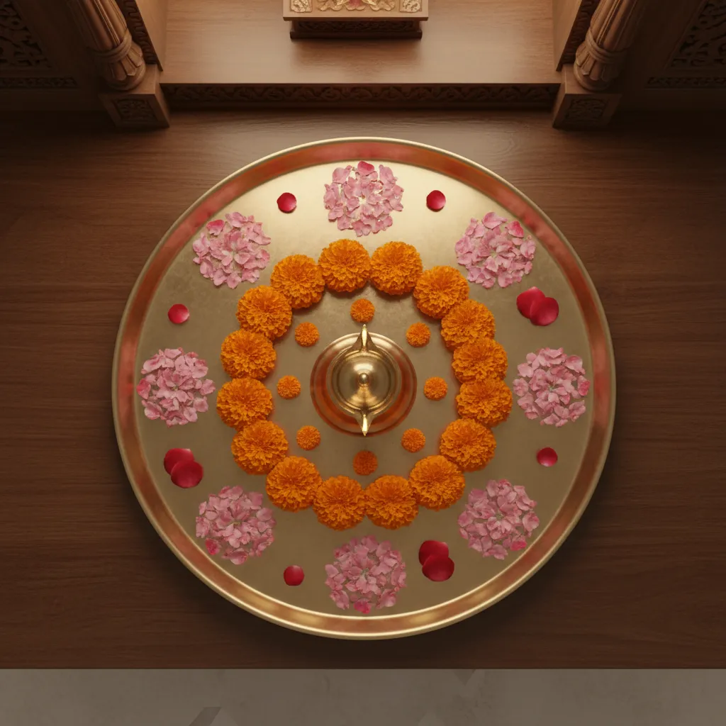 Circular flower arrangement on a pooja thali around diya