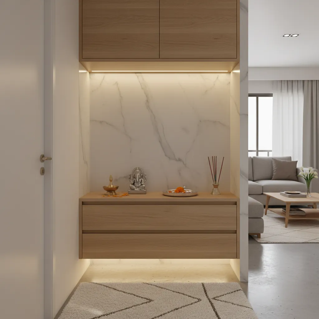 compact pooja unit with drawer storage and shelf lighting
