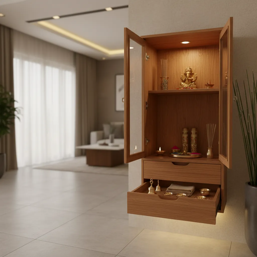 Compact pooja unit with hidden drawer storage
