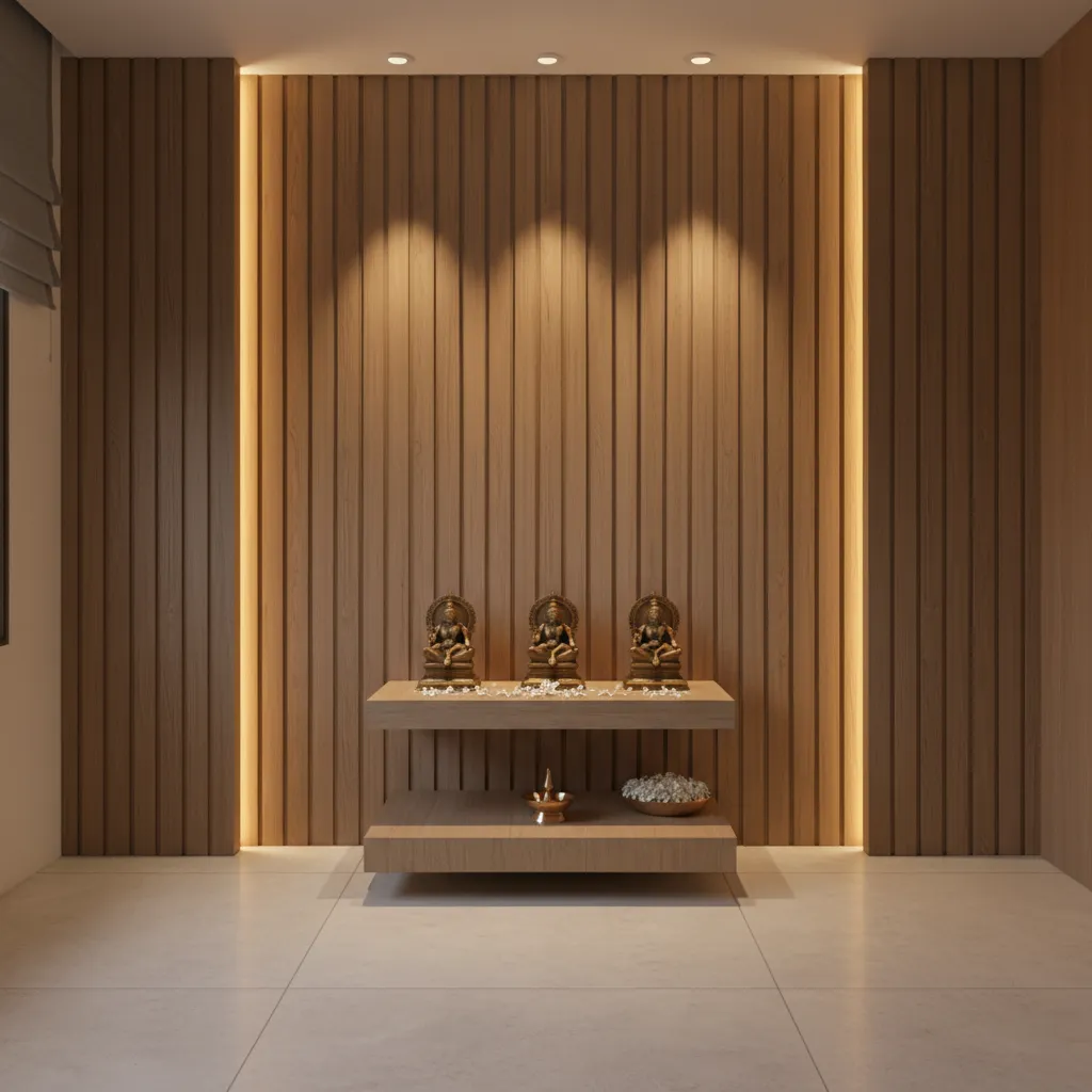 Pooja wall with warm LED backlighting highlighting deity idols