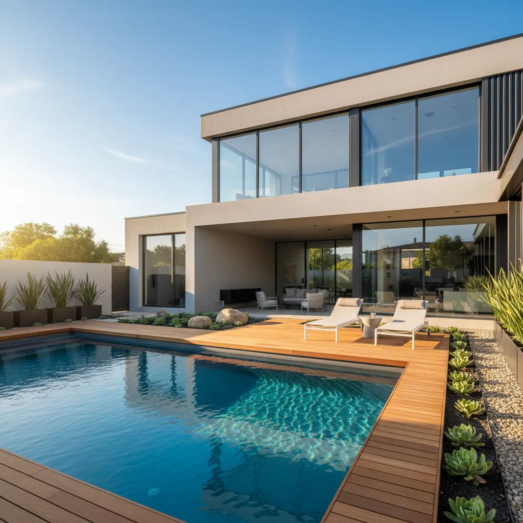 Piscina moderna en jardín con orientación solar y terraza