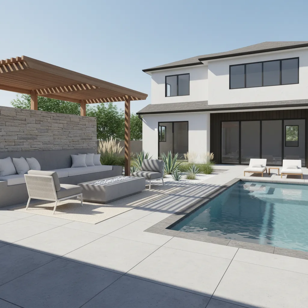 pool patio with shaded pergola seating and storage bench
