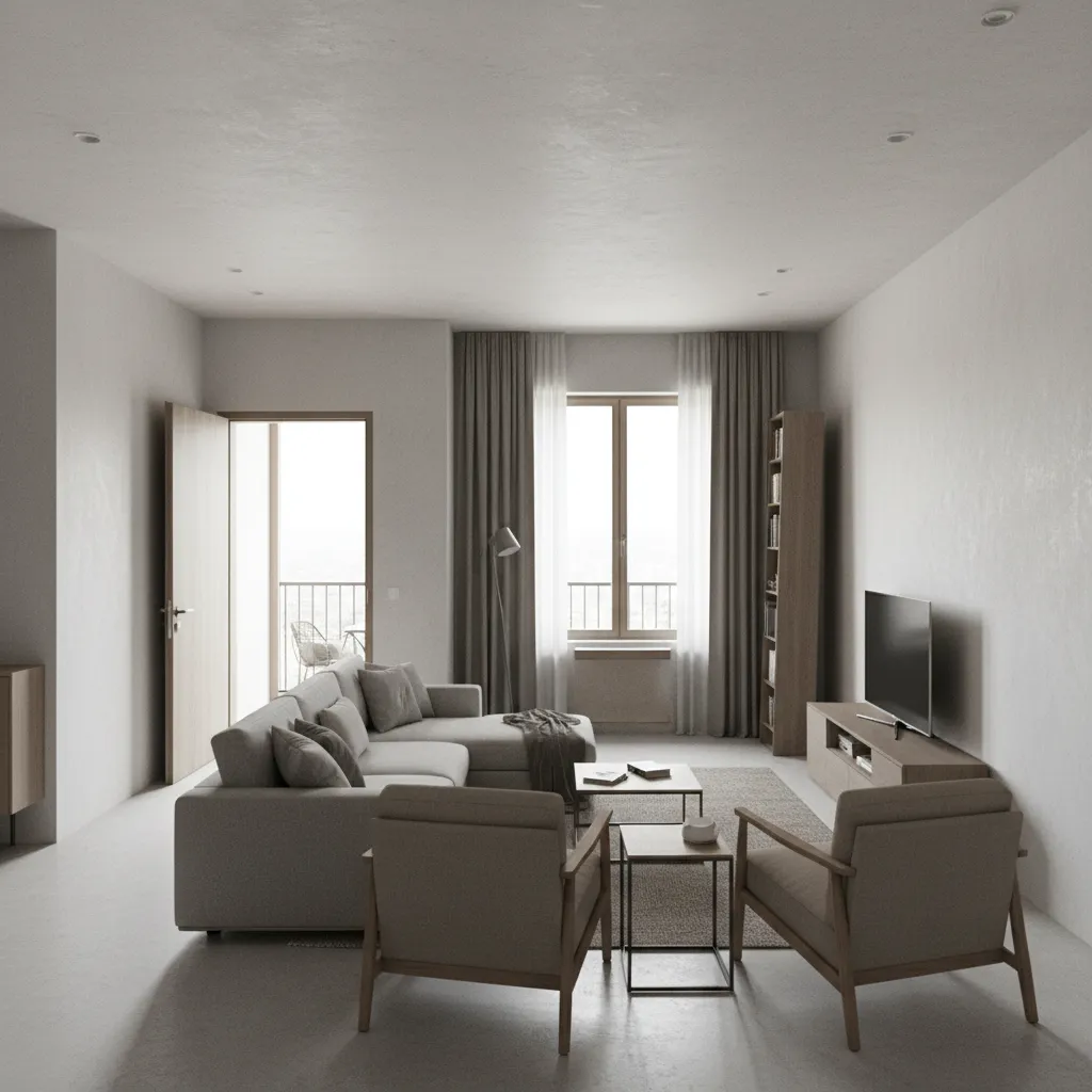 Example of poor living room layout with blocked walkways and awkward furniture placement