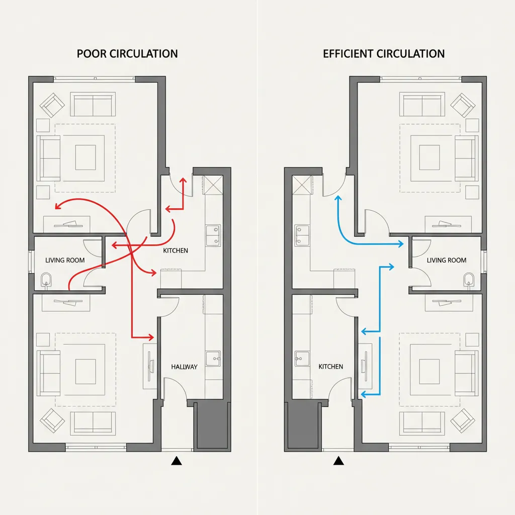 diagram showing good and bad traffic flow between rooms in a residential floor plan