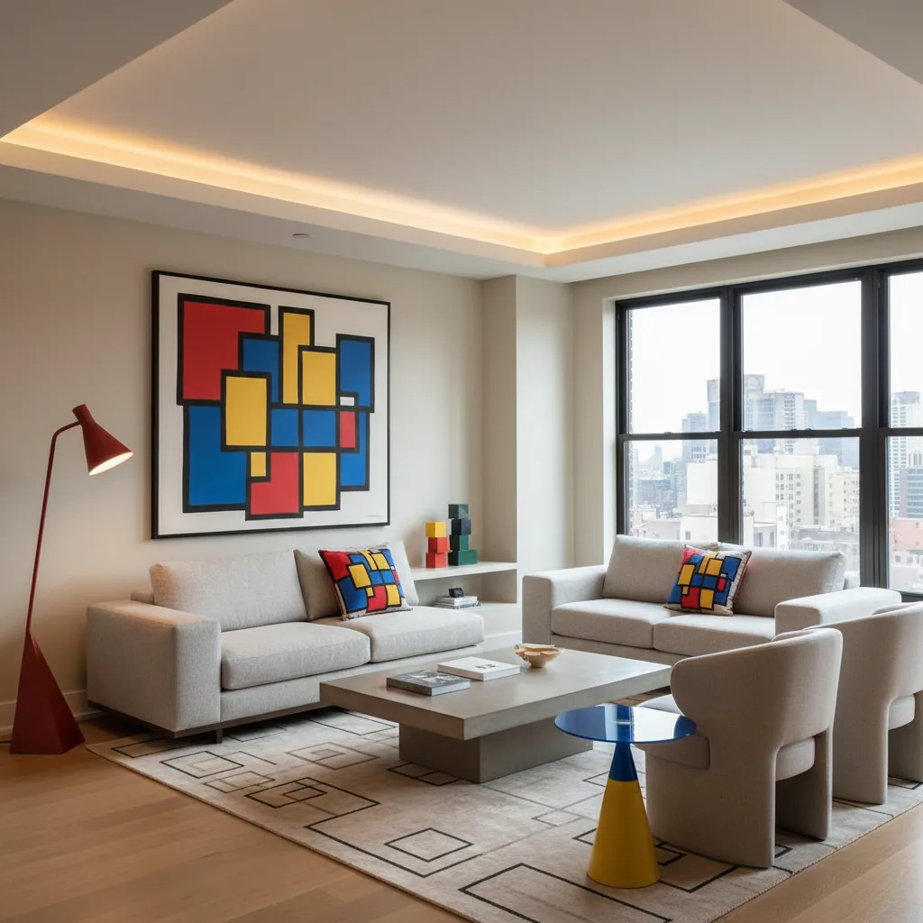 Interior moderno con acentos de color rojo y amarillo inspirados en pop art