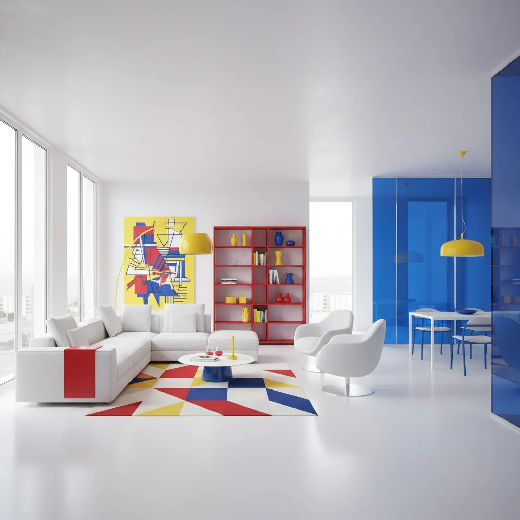 Interior con paleta de colores pop art rojo amarillo y azul