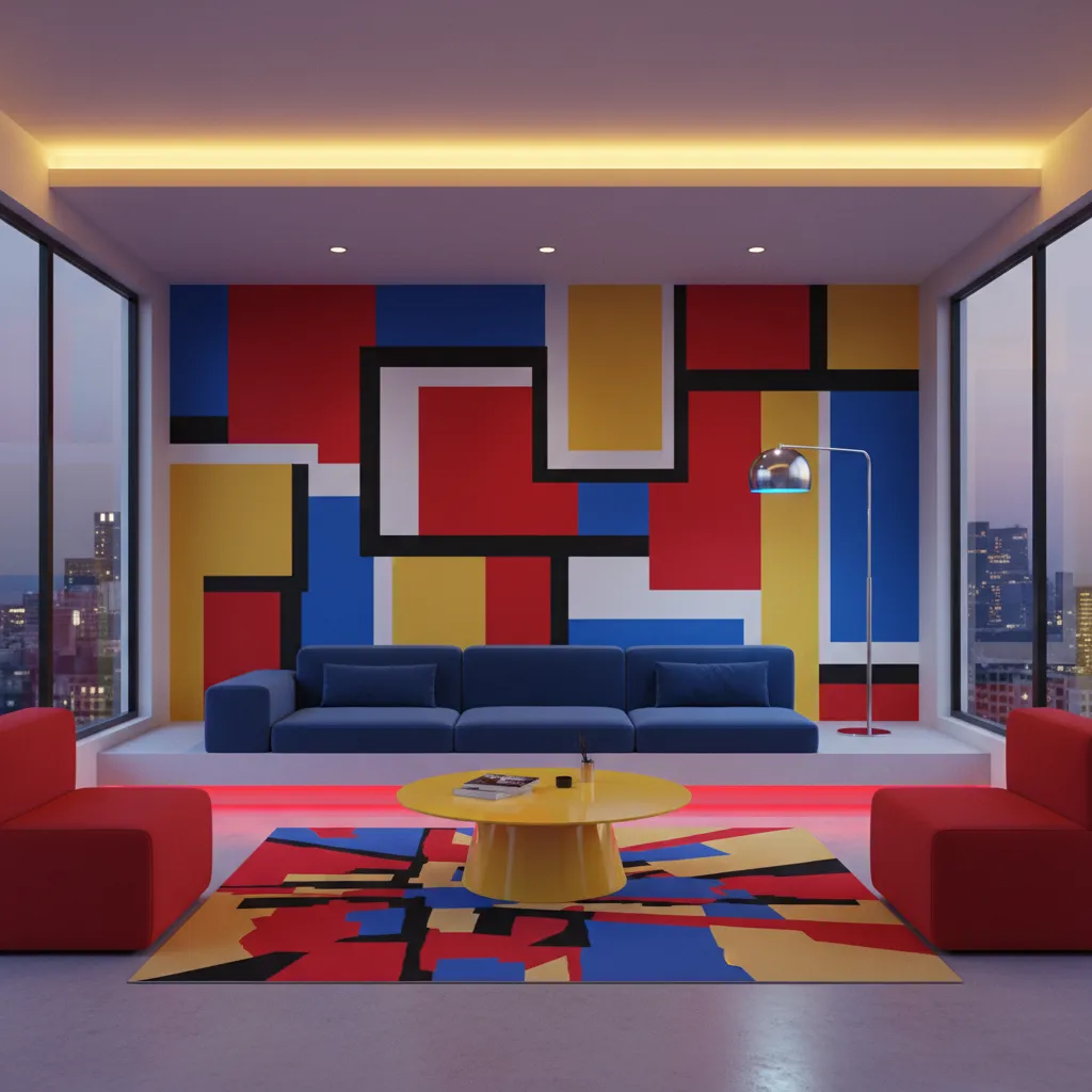 Interior con paleta de colores pop art rojo azul amarillo