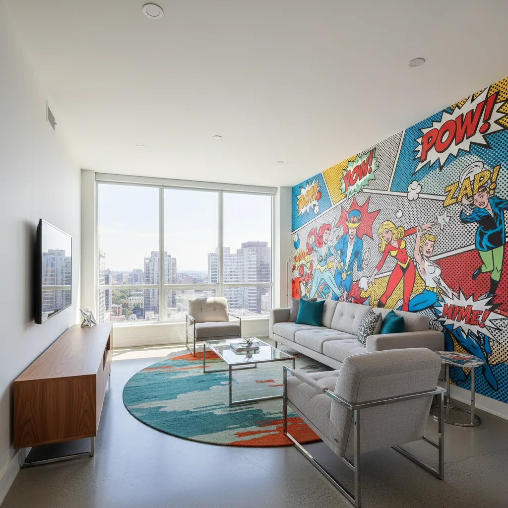 Decoración interior con mural estilo cómic pop art