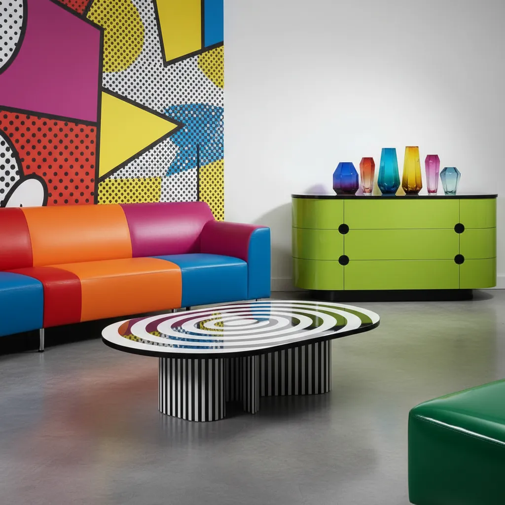 Detalle de muebles lacados y accesorios decorativos estilo pop art