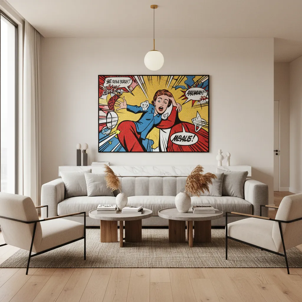 Salón moderno con una gran obra pop art sobre el sofá