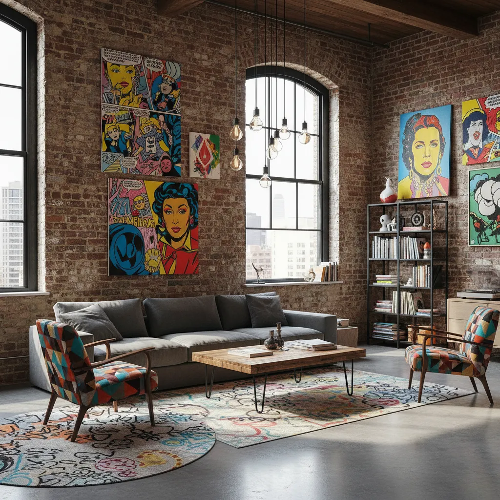 Interior que mezcla estilo industrial con arte pop colorido