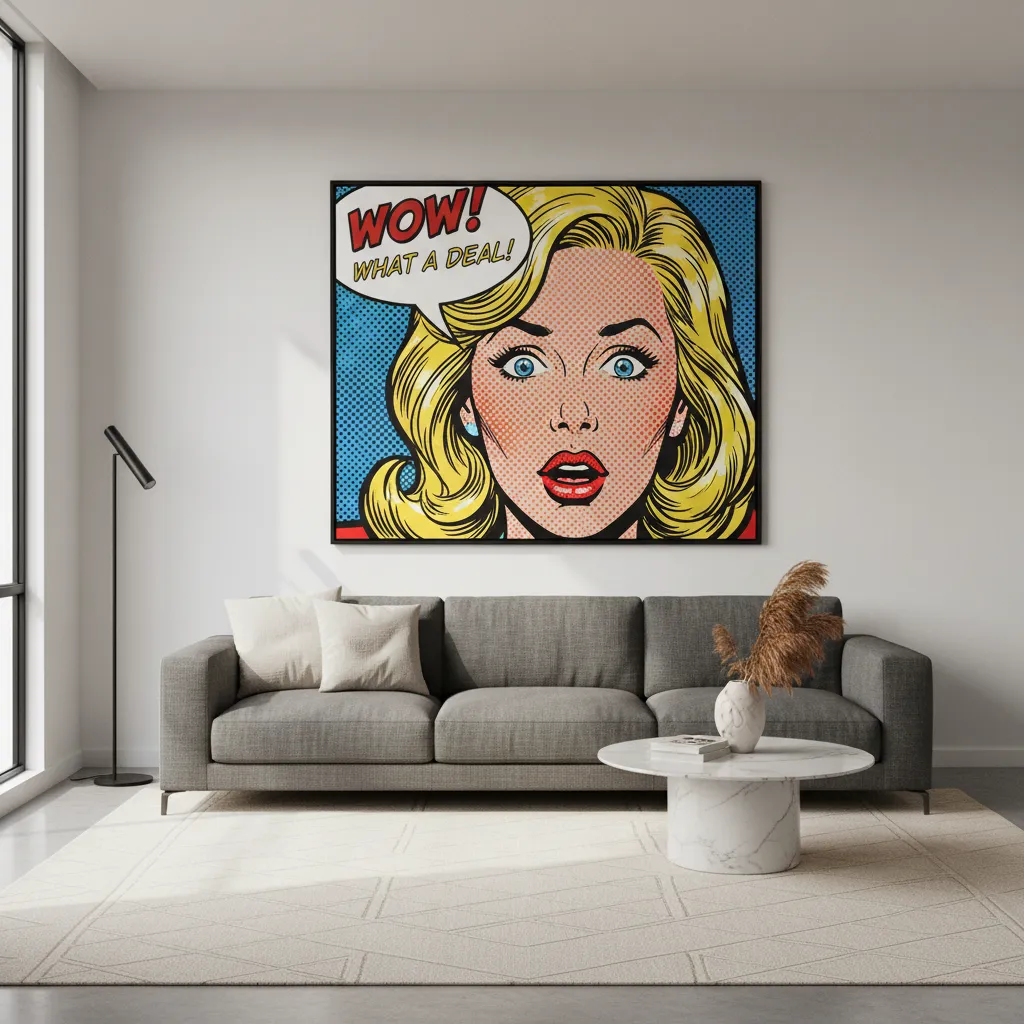 Salón blanco minimalista con gran cuadro pop art como pieza central