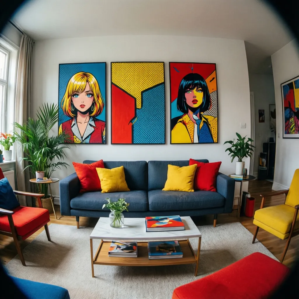 Sala de estar con decoración pop art y cuadros coloridos