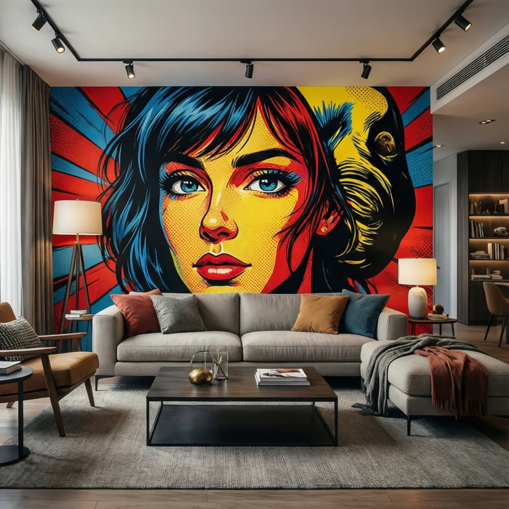 Sala con pared decorada con arte pop art grande y colores contrastantes