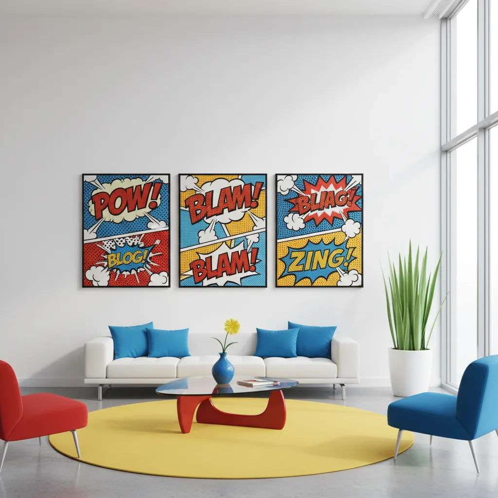Pared de salón con cuadros pop art de gran formato