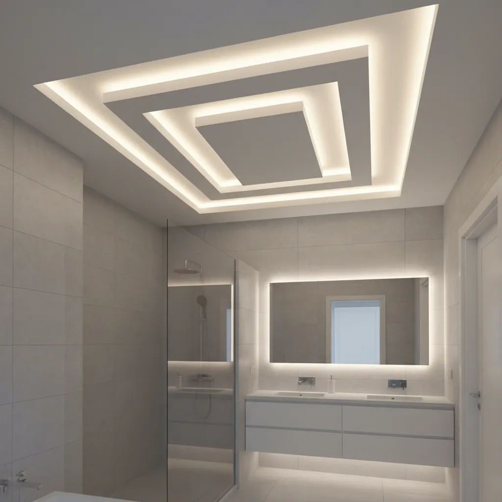 Layered POP bathroom ceiling with recessed lighting sections