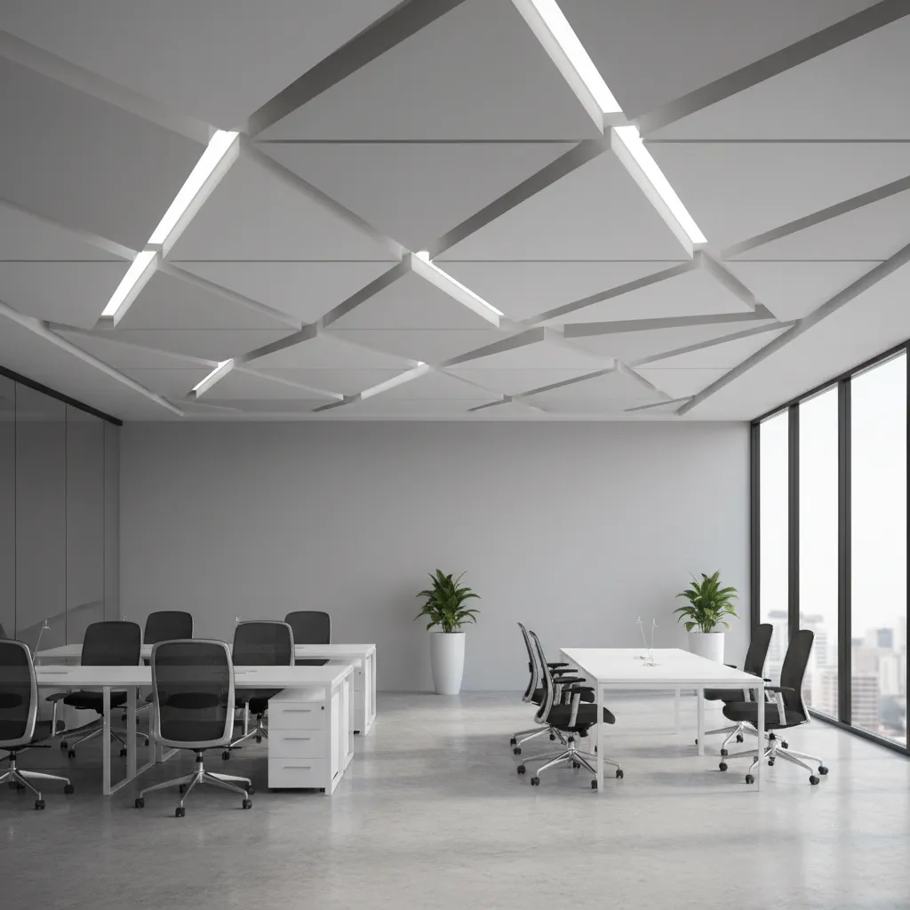Office ceiling POP design using geometric patterns inspired by branding