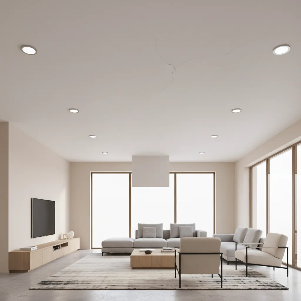 Hairline crack visible on POP ceiling in modern living hall