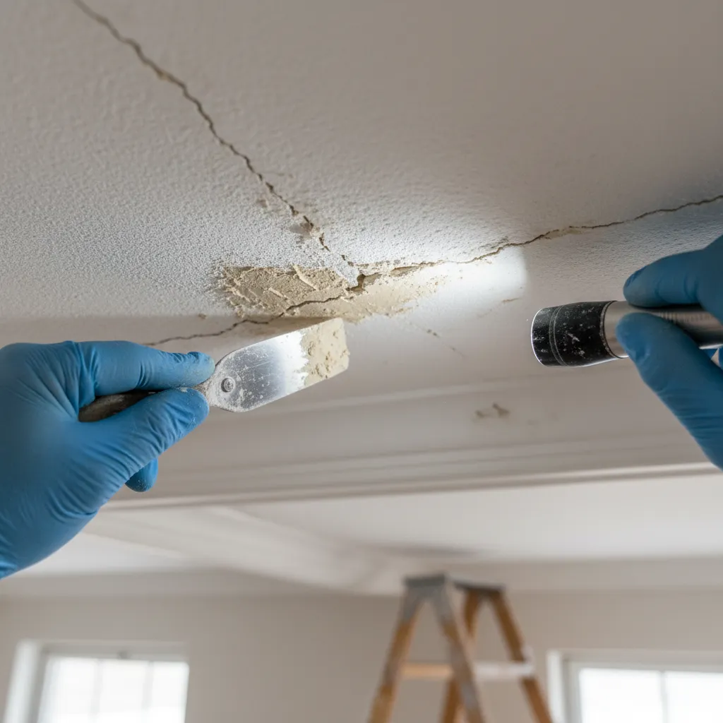 Close view of crack repair on plaster of paris ceiling joint