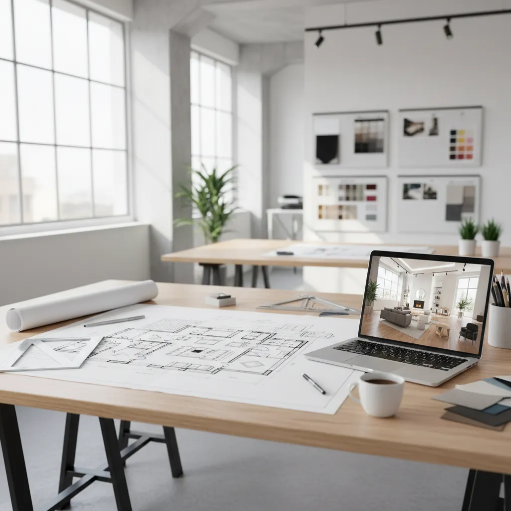 interior designer planning living room ceiling layout with floor plan