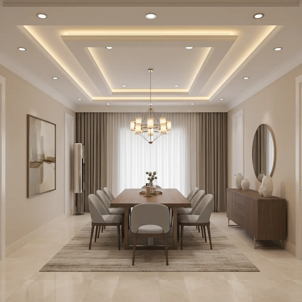 Dining room POP ceiling lighting layout with chandelier and cove lights