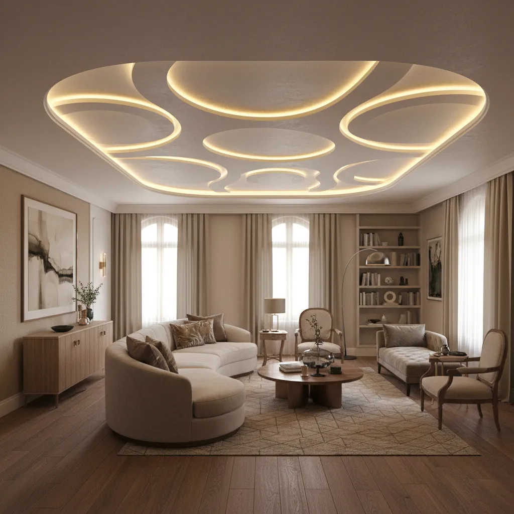 POP ceiling design with curved edges in L shaped living room