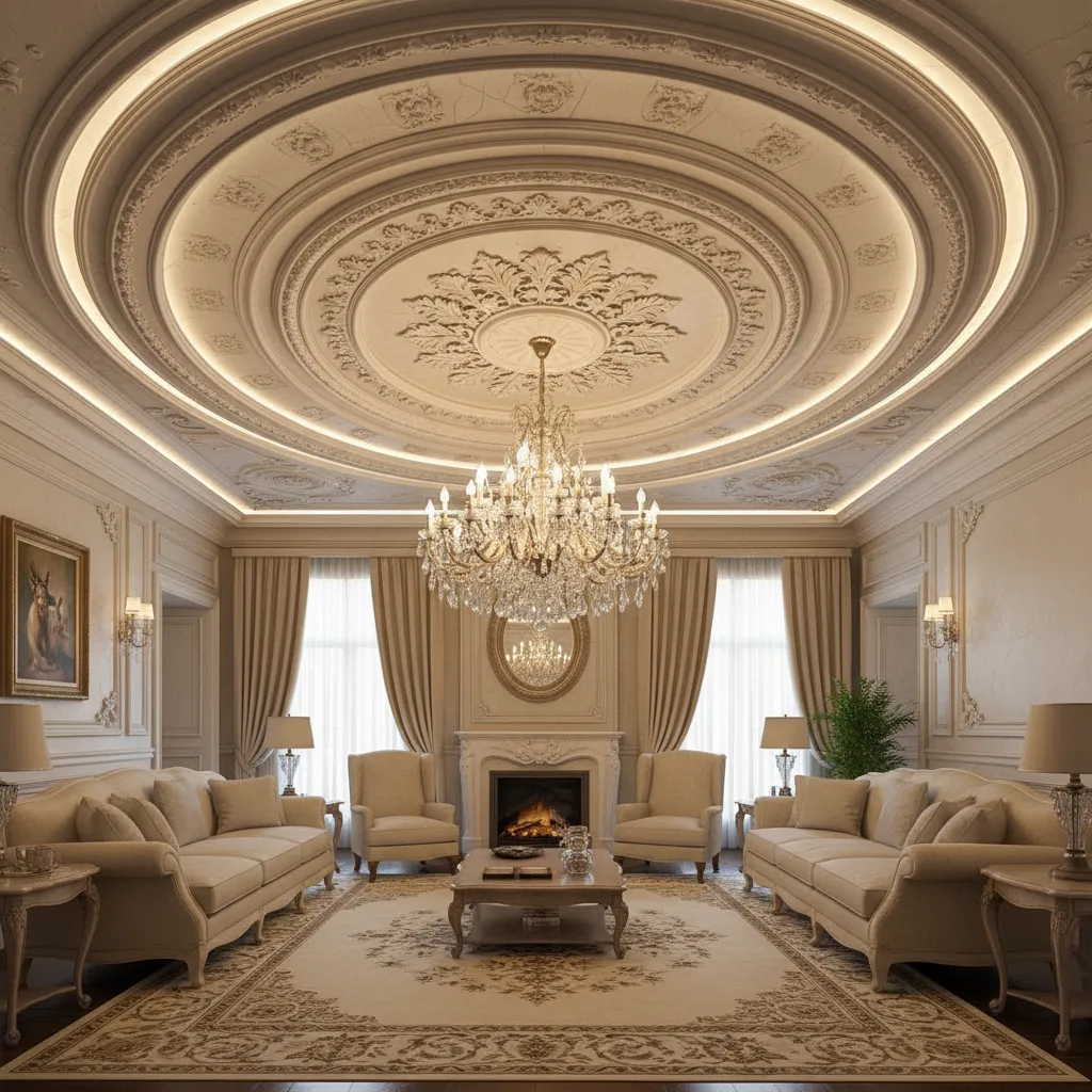 Detailed POP ceiling layers and molding in a living room