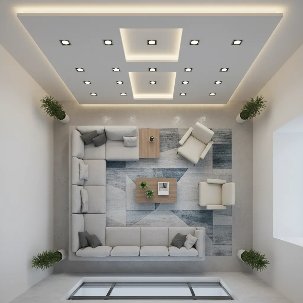 POP ceiling layout aligned with living room furniture arrangement