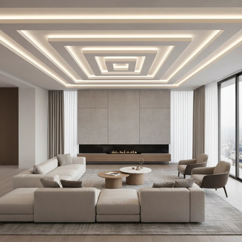 Living room POP ceiling layout aligned with sofa seating area
