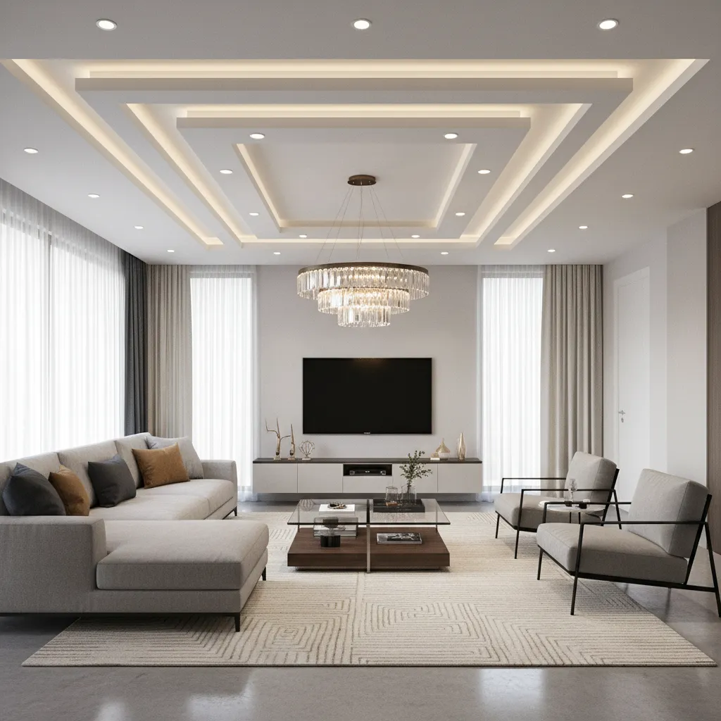 POP ceiling layout aligned with sofa seating area in living hall