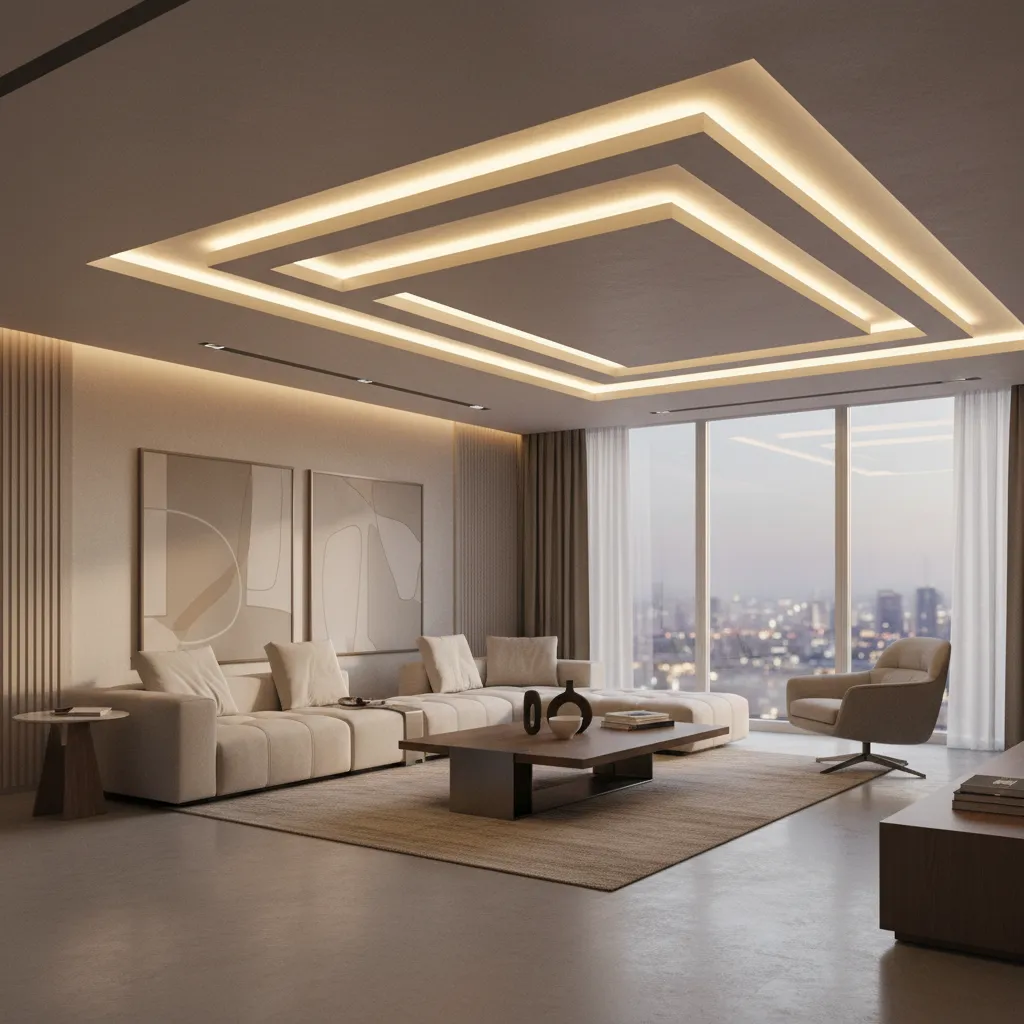 POP ceiling with hidden LED lighting illuminating modern living room
