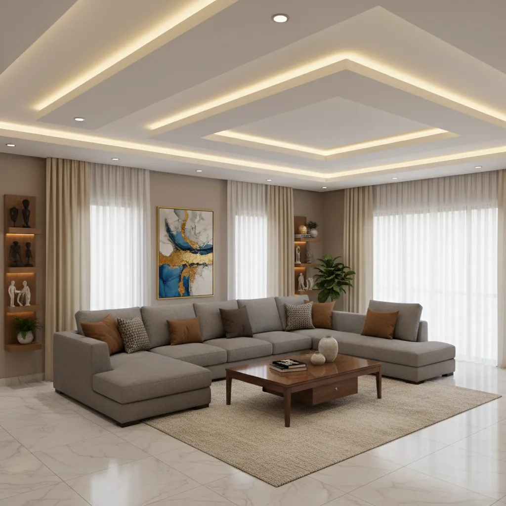POP ceiling with perimeter LED lighting in contemporary living room