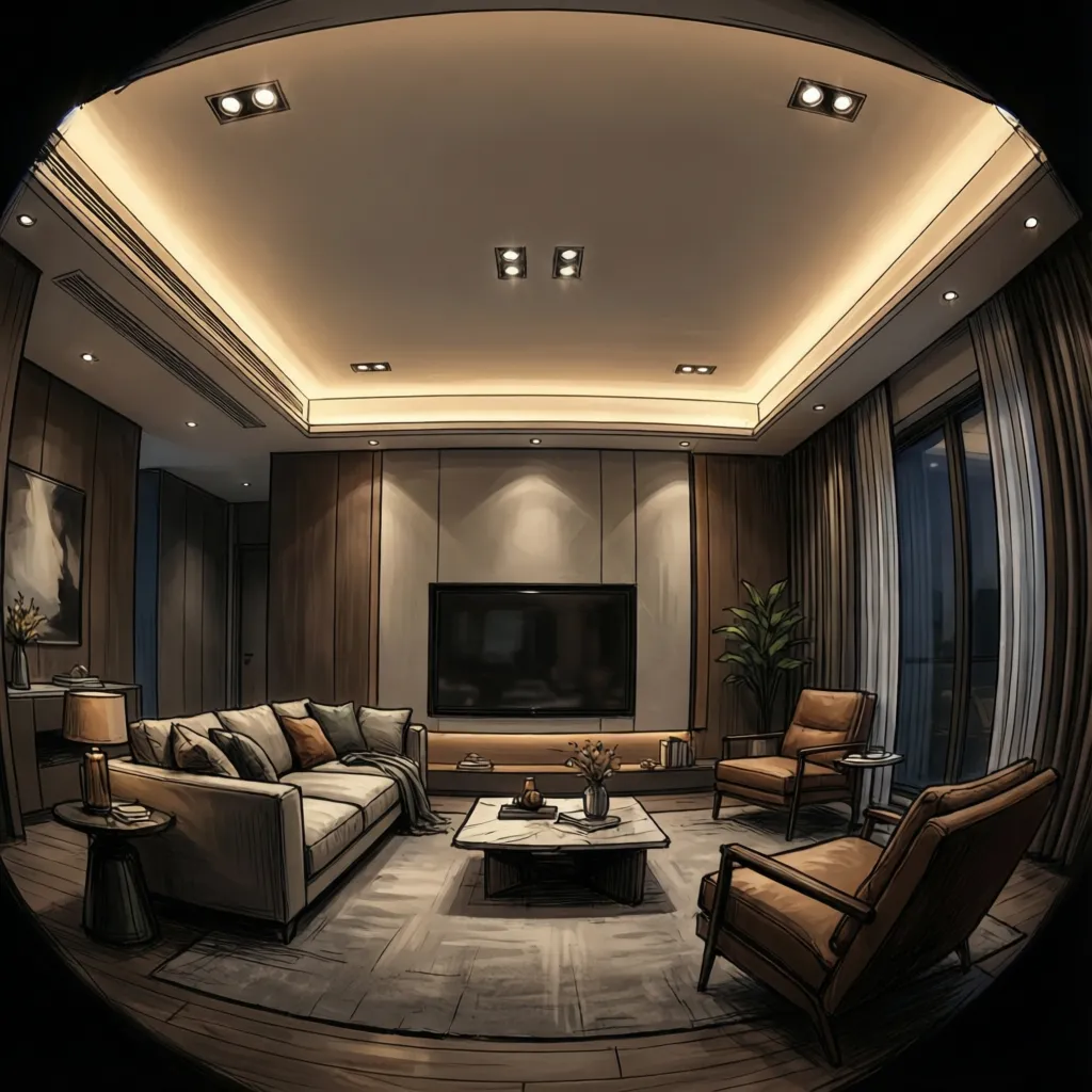 Interior design drawing showing a warm living room with sofa leather chairs and ceiling lights