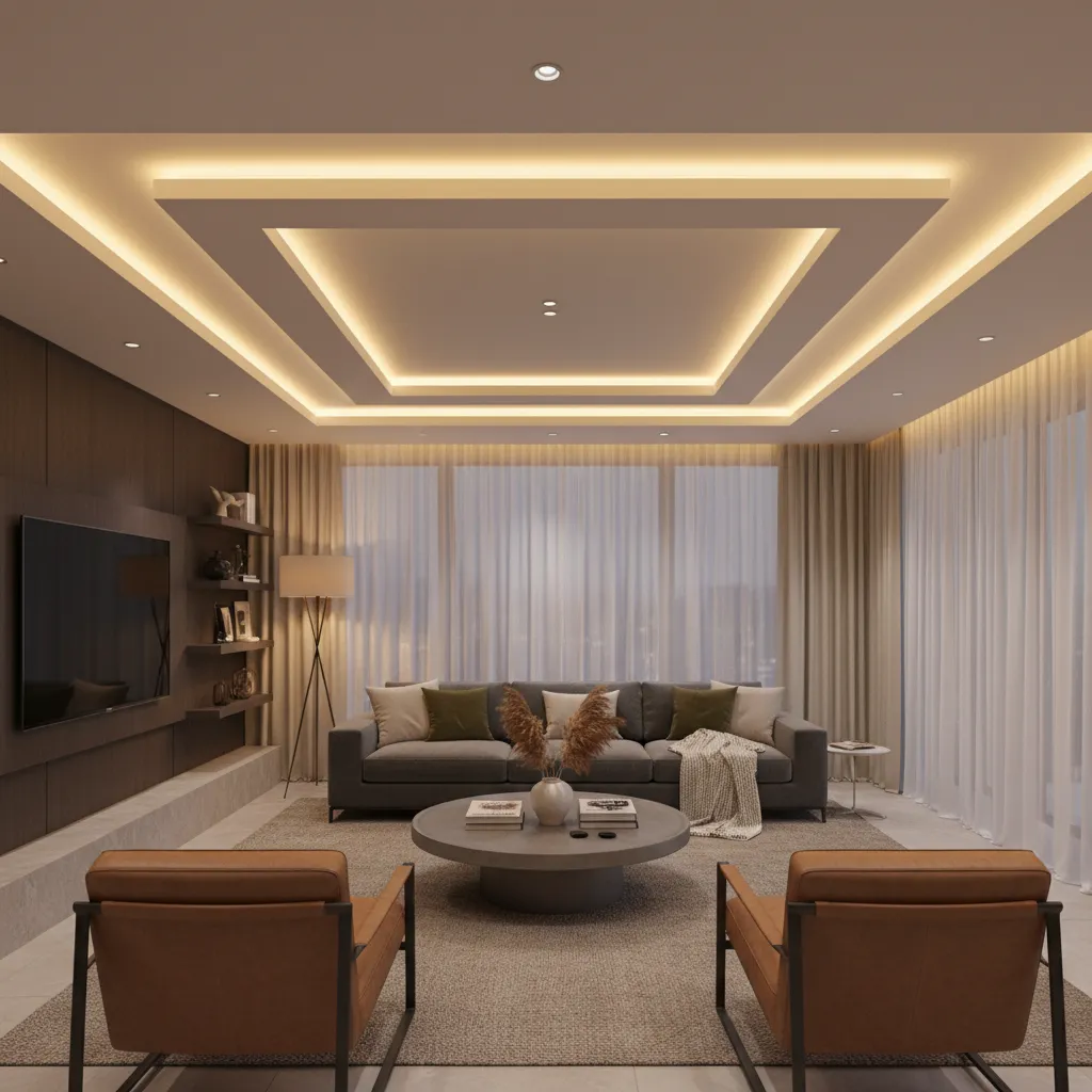 Living room showing ambient lighting effect from POP cove ceiling